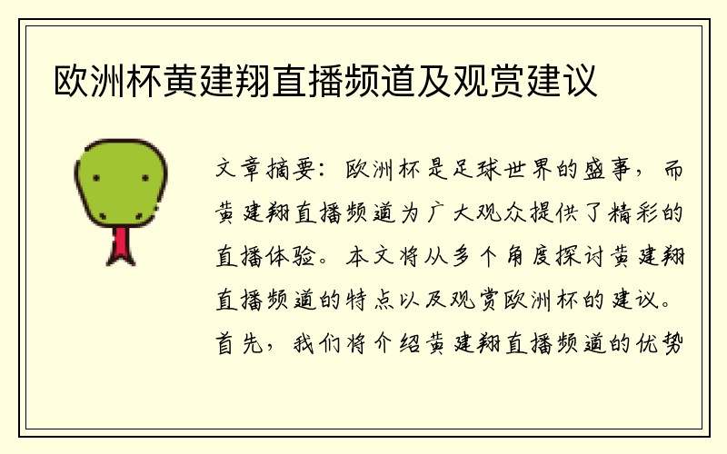 欧洲杯黄建翔直播频道及观赏建议
