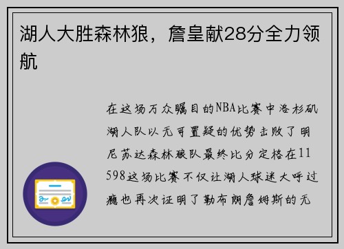 湖人大胜森林狼，詹皇献28分全力领航